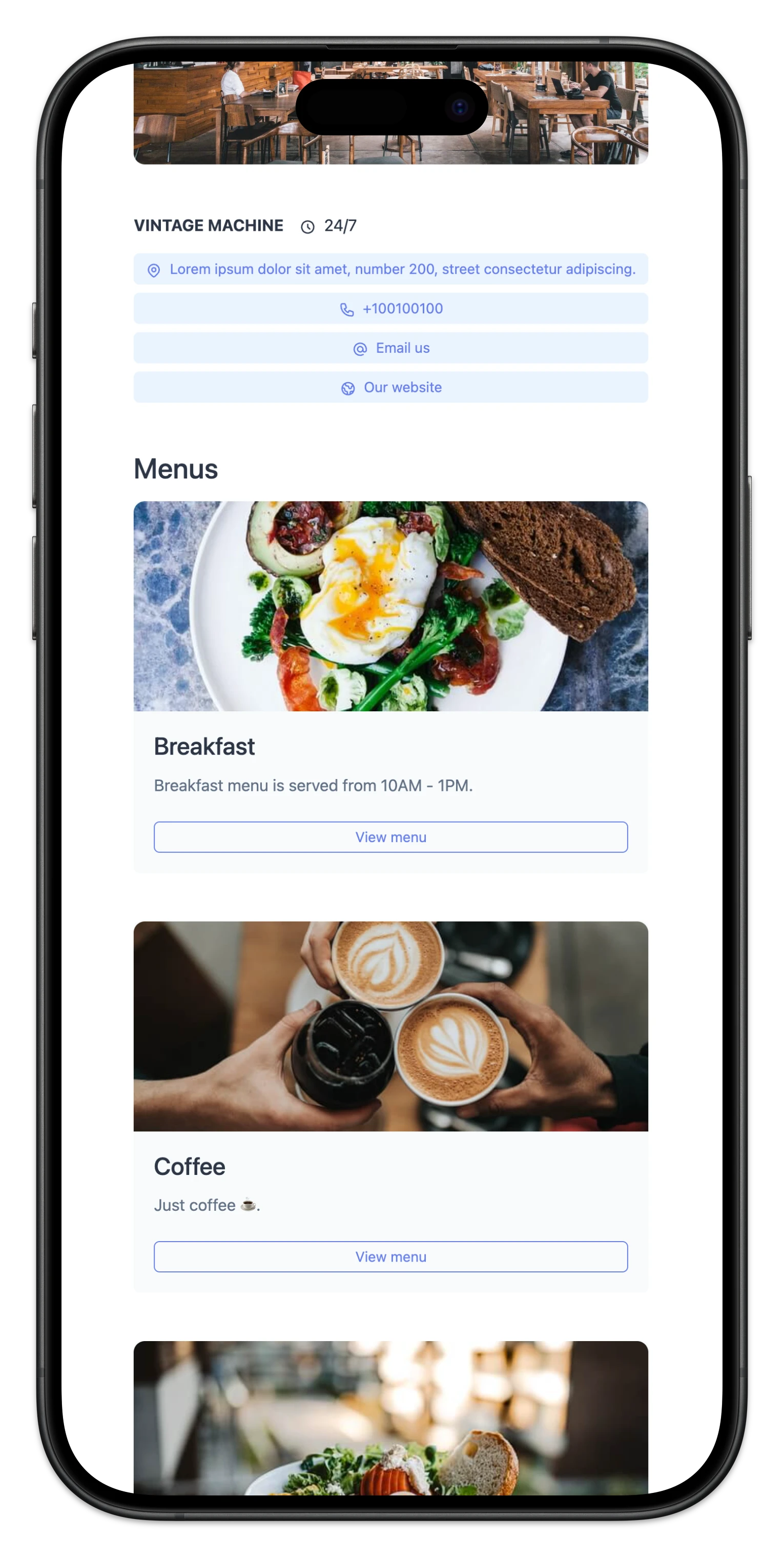 Screenshot di una pagina esempio mobile del punto vendita